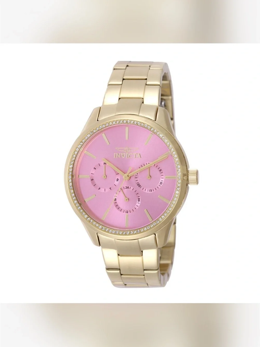 Angel Lady Invicta Gold-Tone Bracelet Watch with Pink Dial & Crystal Bezel 38mm